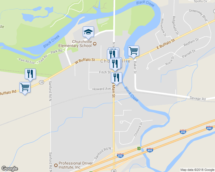 map of restaurants, bars, coffee shops, grocery stores, and more near 46 Howard Avenue in Churchville