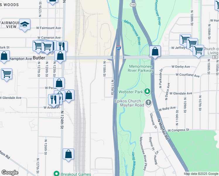 map of restaurants, bars, coffee shops, grocery stores, and more near 4621 North 117th Street in Wauwatosa