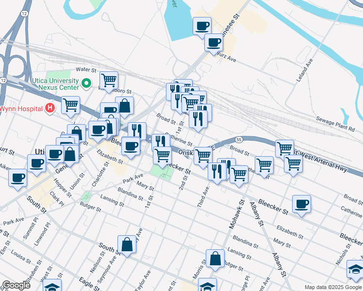 map of restaurants, bars, coffee shops, grocery stores, and more near 417 Bleecker Street in Utica