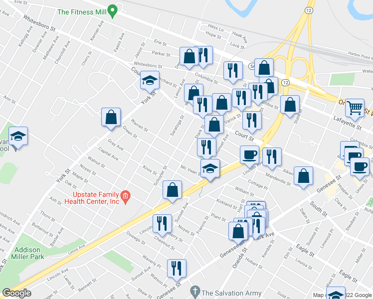 map of restaurants, bars, coffee shops, grocery stores, and more near 942 Stark Street in Utica