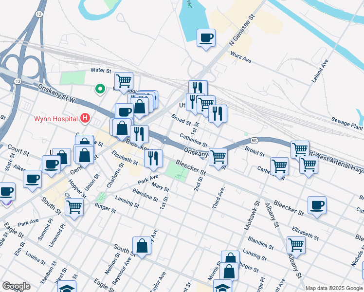 map of restaurants, bars, coffee shops, grocery stores, and more near Oriskany Street East in Utica