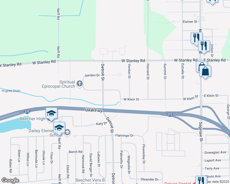 map of restaurants, bars, coffee shops, grocery stores, and more near 6447 Garden Drive in Mount Morris
