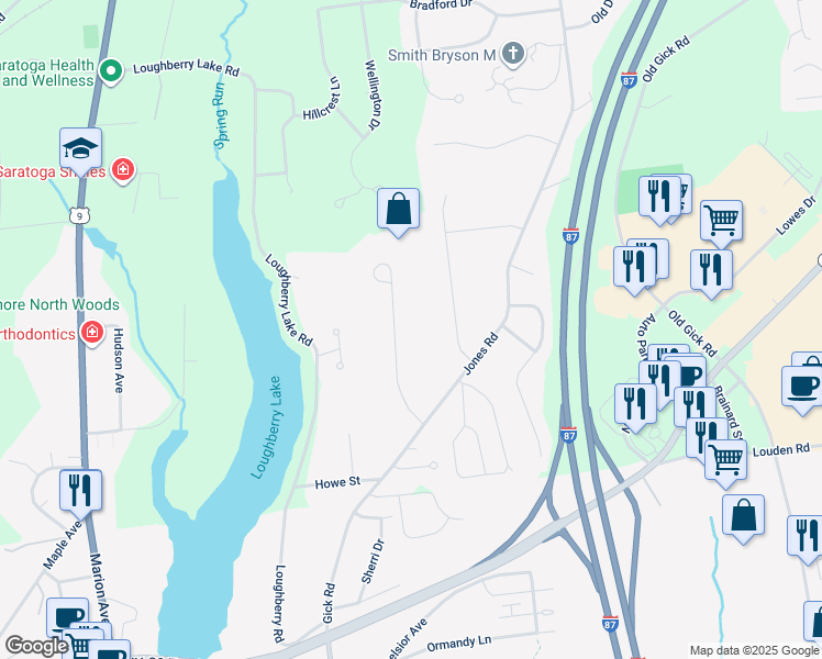 map of restaurants, bars, coffee shops, grocery stores, and more near 10 Sydney Hill Road in Saratoga Springs