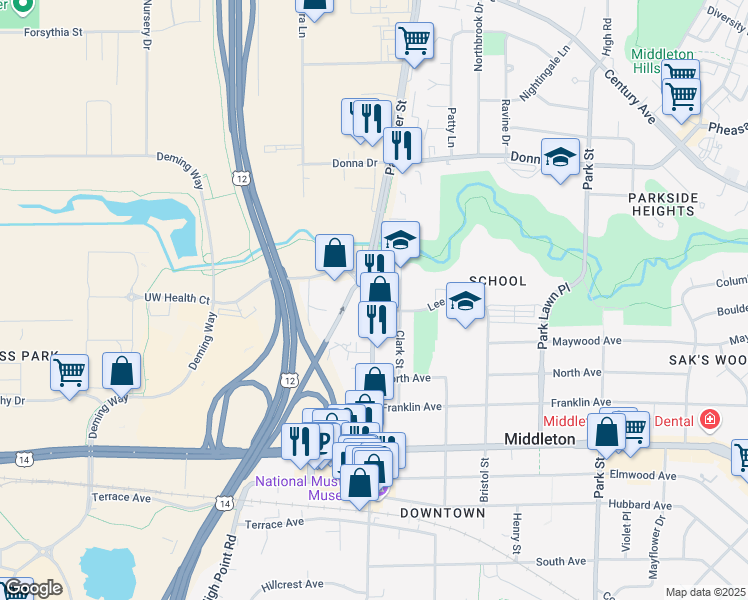 map of restaurants, bars, coffee shops, grocery stores, and more near 2310 Parmenter Street in Middleton