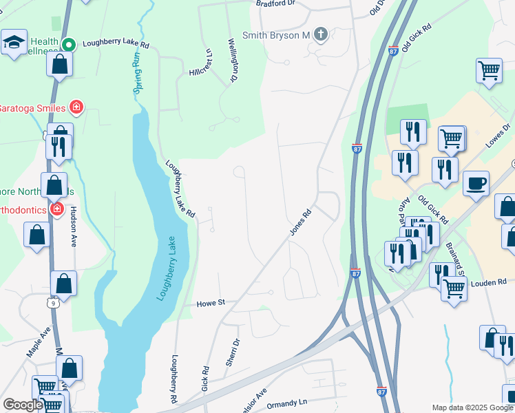 map of restaurants, bars, coffee shops, grocery stores, and more near 10 Sydney Hill Road in Saratoga Springs