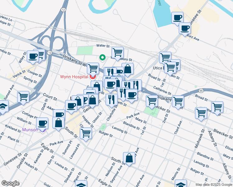map of restaurants, bars, coffee shops, grocery stores, and more near 519-599 Charlotte Street in Utica
