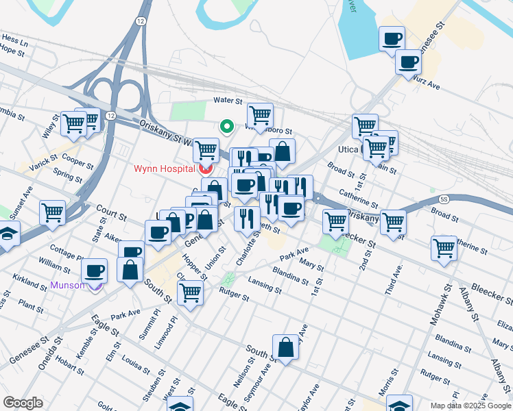 map of restaurants, bars, coffee shops, grocery stores, and more near 519-599 Charlotte Street in Utica