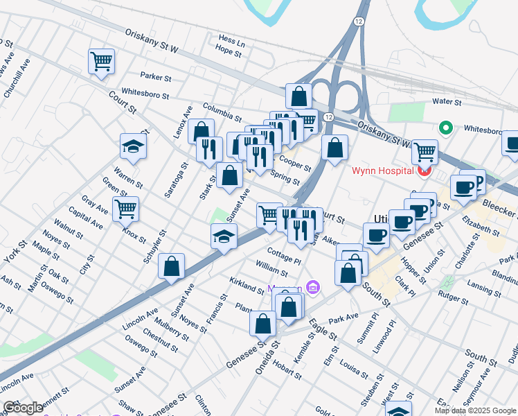 map of restaurants, bars, coffee shops, grocery stores, and more near 700 Bristol Street in Utica
