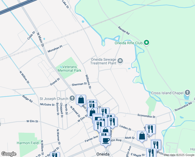 map of restaurants, bars, coffee shops, grocery stores, and more near 216 Sherman Street in Oneida