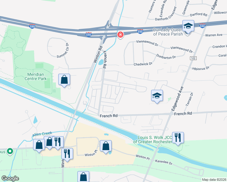 map of restaurants, bars, coffee shops, grocery stores, and more near 802 Eastbrooke Lane in Rochester