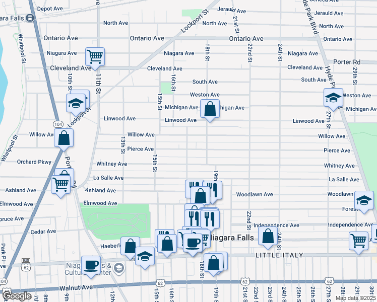 map of restaurants, bars, coffee shops, grocery stores, and more near 1720 Whitney Avenue in Niagara Falls