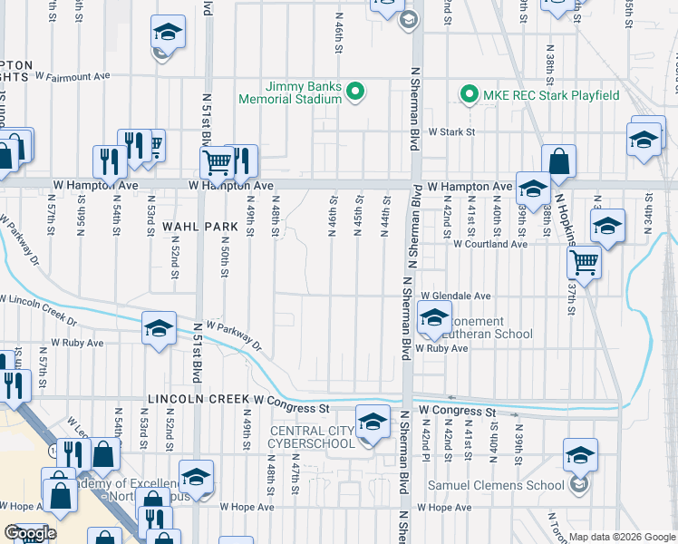 map of restaurants, bars, coffee shops, grocery stores, and more near 4606 North 46th Street in Milwaukee