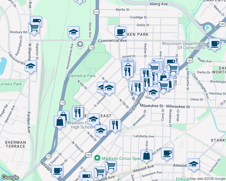 map of restaurants, bars, coffee shops, grocery stores, and more near 2421 East Johnson Street in Madison