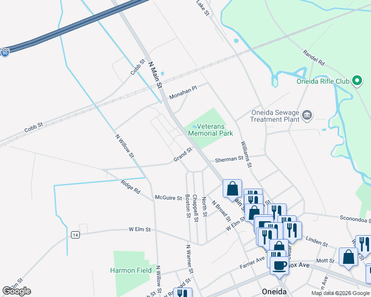 map of restaurants, bars, coffee shops, grocery stores, and more near 309 Grand Street in Oneida