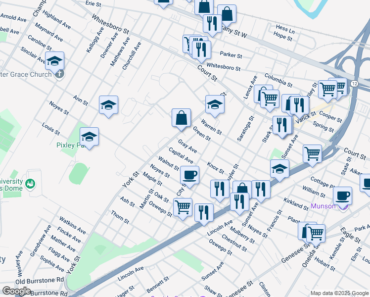 map of restaurants, bars, coffee shops, grocery stores, and more near 1206 Capital Avenue in Utica
