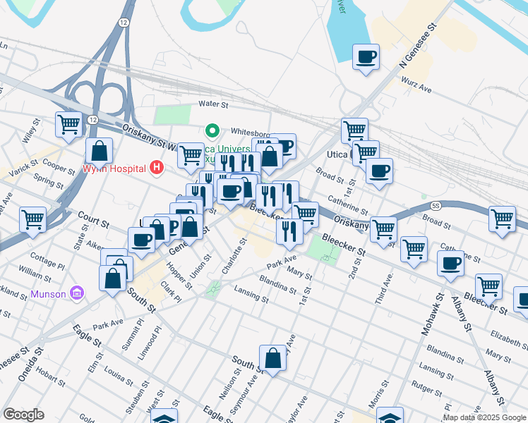 map of restaurants, bars, coffee shops, grocery stores, and more near 519 Charlotte Street in Utica