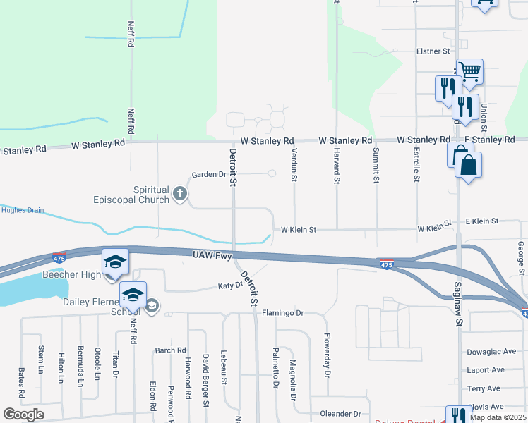 map of restaurants, bars, coffee shops, grocery stores, and more near 6409 Garden Drive in Mount Morris