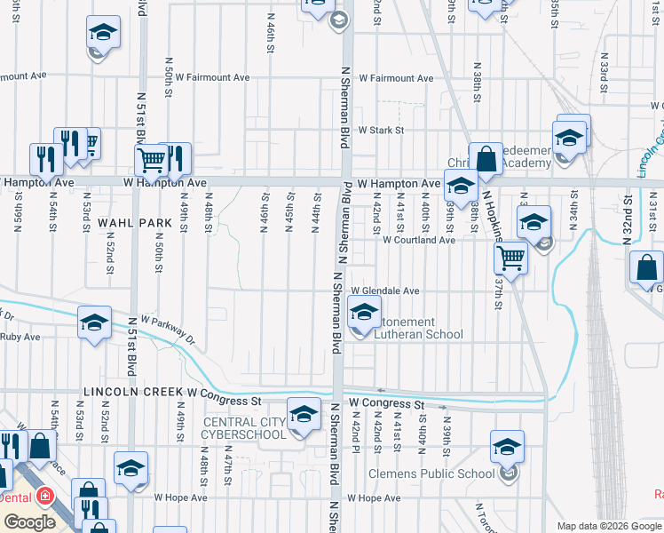 map of restaurants, bars, coffee shops, grocery stores, and more near 4609 North Sherman Boulevard in Milwaukee