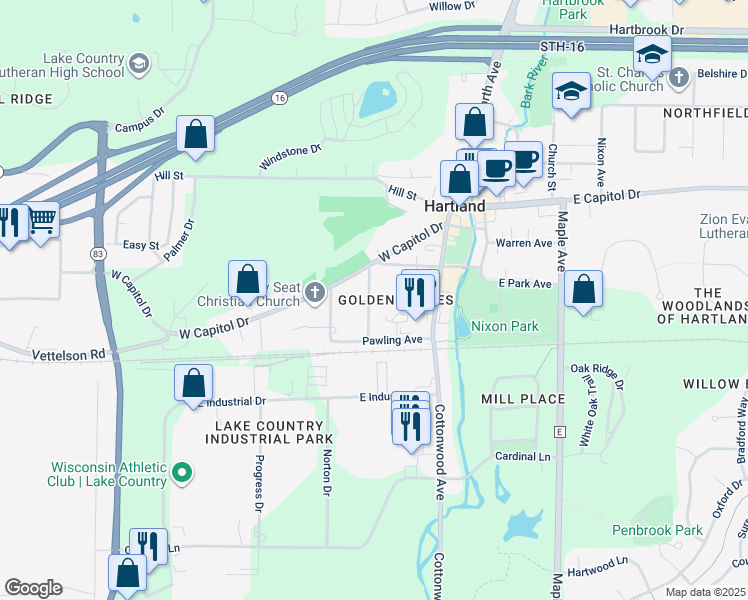 map of restaurants, bars, coffee shops, grocery stores, and more near 338 Prospect Avenue in Hartland