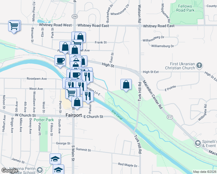 map of restaurants, bars, coffee shops, grocery stores, and more near 22 Water Street in Fairport