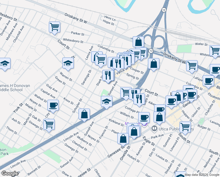map of restaurants, bars, coffee shops, grocery stores, and more near 710 Stevens Street in Utica