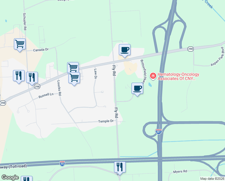 map of restaurants, bars, coffee shops, grocery stores, and more near 6829 Fly Road in East Syracuse