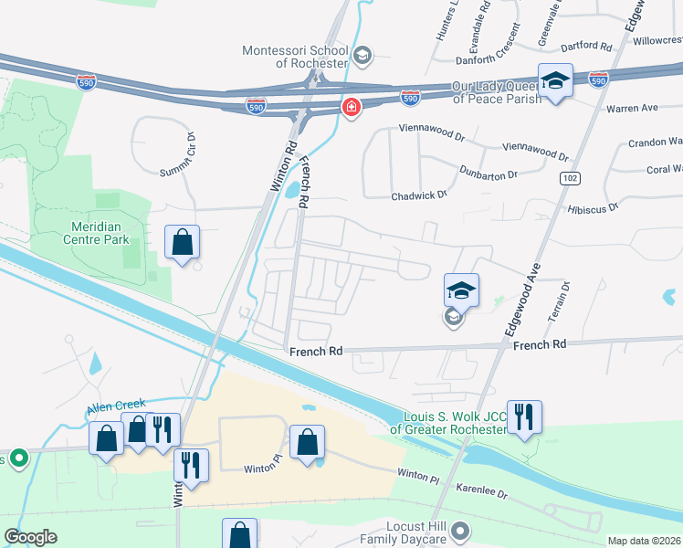 map of restaurants, bars, coffee shops, grocery stores, and more near 678 Eastbrooke Lane in Rochester