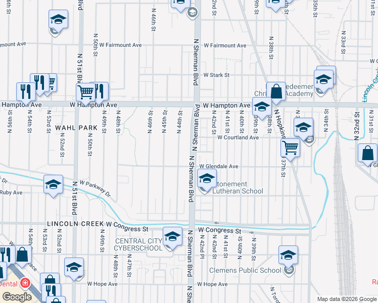 map of restaurants, bars, coffee shops, grocery stores, and more near 4609 North Sherman Boulevard in Milwaukee