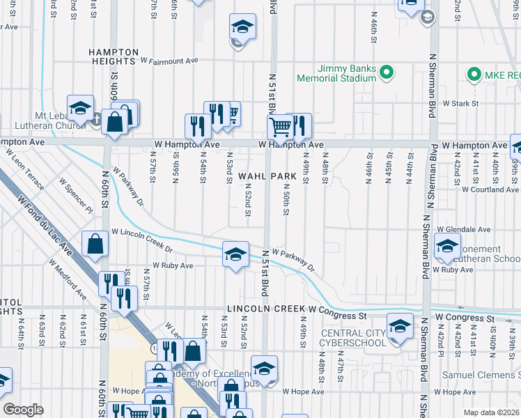 map of restaurants, bars, coffee shops, grocery stores, and more near 4604 North 51st Boulevard in Milwaukee