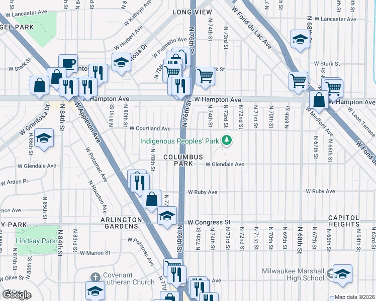 map of restaurants, bars, coffee shops, grocery stores, and more near 4578 North 76th Street in Milwaukee