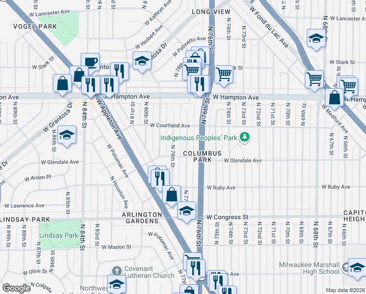 map of restaurants, bars, coffee shops, grocery stores, and more near 7627 West Glendale Avenue in Milwaukee