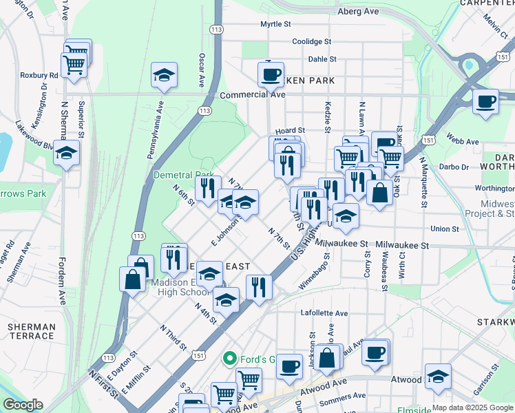 map of restaurants, bars, coffee shops, grocery stores, and more near 2421 East Johnson Street in Madison