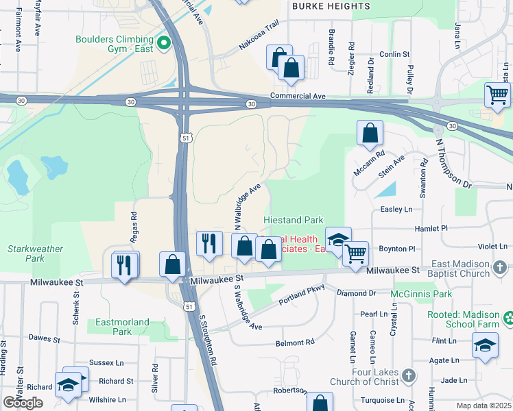 map of restaurants, bars, coffee shops, grocery stores, and more near 201 North Walbridge Avenue in Madison