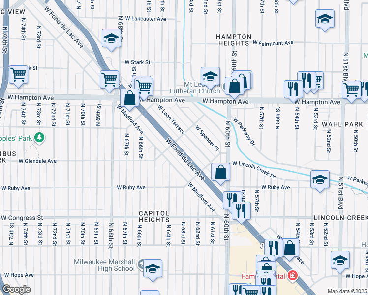 map of restaurants, bars, coffee shops, grocery stores, and more near 6245 West Fond Du Lac Avenue in Milwaukee