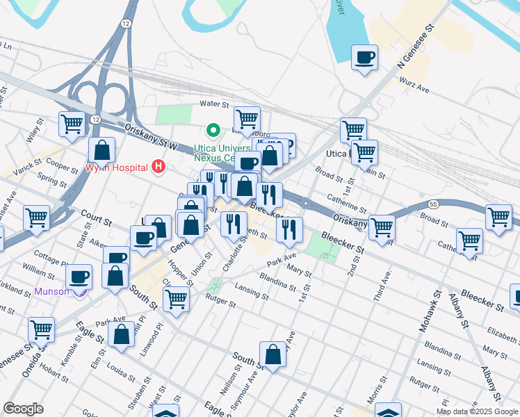 map of restaurants, bars, coffee shops, grocery stores, and more near 160 Bleecker Street in Utica