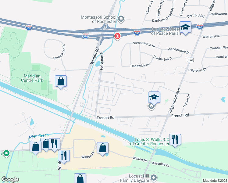 map of restaurants, bars, coffee shops, grocery stores, and more near 678 Eastbrooke Lane in Rochester