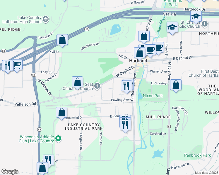 map of restaurants, bars, coffee shops, grocery stores, and more near 339 Prospect Avenue in Hartland