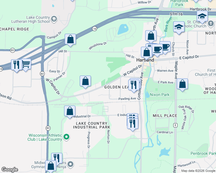 map of restaurants, bars, coffee shops, grocery stores, and more near 403 West Capitol Drive in Hartland