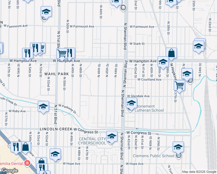 map of restaurants, bars, coffee shops, grocery stores, and more near 4676-4678 North 45th Street in Milwaukee