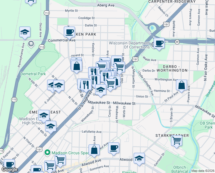 map of restaurants, bars, coffee shops, grocery stores, and more near 2800 East Washington Avenue in Madison