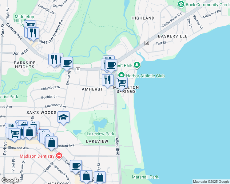 map of restaurants, bars, coffee shops, grocery stores, and more near 2526 Allen Boulevard in Middleton