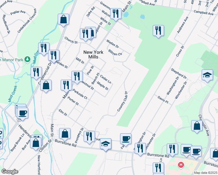 map of restaurants, bars, coffee shops, grocery stores, and more near 10 Cedar Lane in New York Mills