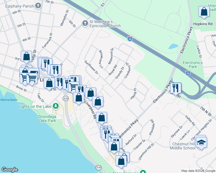 map of restaurants, bars, coffee shops, grocery stores, and more near 103 Grandy Drive in Liverpool