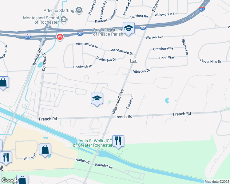 map of restaurants, bars, coffee shops, grocery stores, and more near 136 Greystone Lane in Rochester