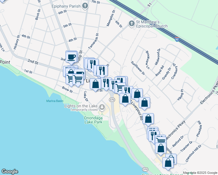 map of restaurants, bars, coffee shops, grocery stores, and more near 105 North Willow Street in Liverpool