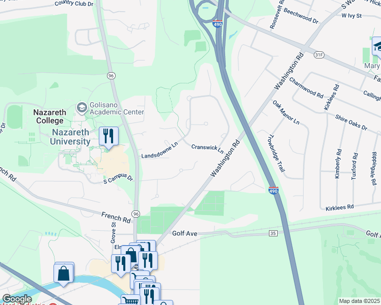 map of restaurants, bars, coffee shops, grocery stores, and more near 15 Landsdowne Lane in Rochester