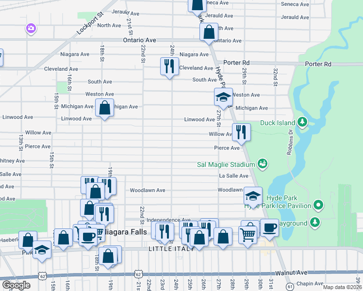map of restaurants, bars, coffee shops, grocery stores, and more near 2443 Willow Avenue in Niagara Falls