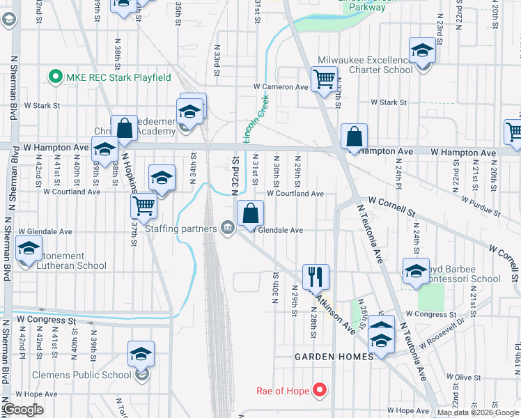 map of restaurants, bars, coffee shops, grocery stores, and more near 4669 North 30th Street in Milwaukee