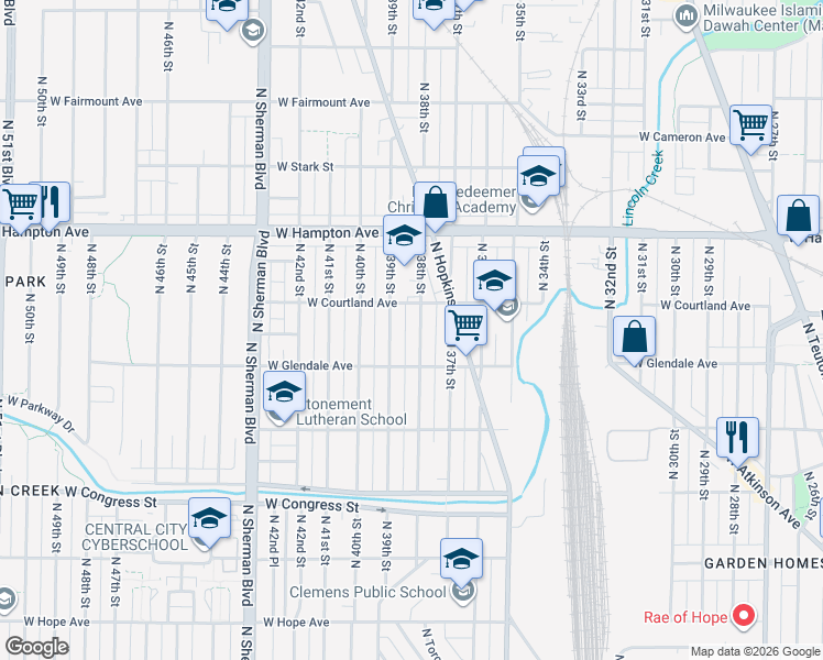 map of restaurants, bars, coffee shops, grocery stores, and more near 4676 North 38th Street in Milwaukee