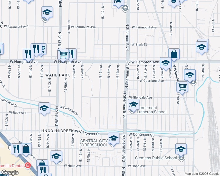map of restaurants, bars, coffee shops, grocery stores, and more near 4676-4678 North 45th Street in Milwaukee